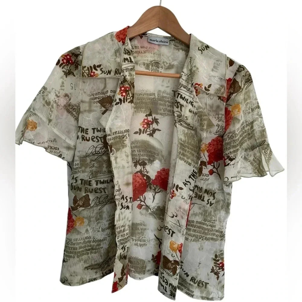 Marie Clair Button down shirt with newspaper pattern and roses sz small